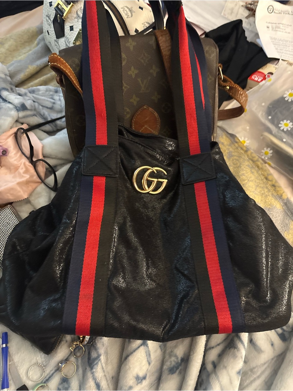 Gucci Black Leather Backpack with Red & Blue Striped Webbing